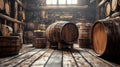 Rustic wooden barrels in a cellar Royalty Free Stock Photo