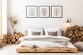 Rustic wooden bed against empty white wall. Scandinavian loft interior design of modern bedroom. Royalty Free Stock Photo