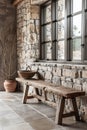 Rustic Wooden Bench Against Stone Wall Royalty Free Stock Photo