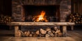 Rustic Wooden Bench and Pile of Firewood. Fireplace and Timber in Home Interior. Natural Wood Furniture. Generative AI Royalty Free Stock Photo