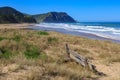 Rustic wooden bench on remote Waihau Beach, New Zealand