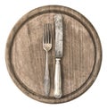 Rustic wooden board with antique knife and fork Royalty Free Stock Photo