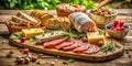 A rustic wooden board featuring an array of gourmet delicacies, including sliced salami, cheeses, bread, nuts, and berries. Royalty Free Stock Photo