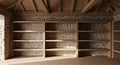 Rustic wooden bookshelf against stone brick wall with exposed wooden ceiling beams Royalty Free Stock Photo