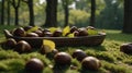 Autumnal Chestnuts in Rustic Bowl on Mossy Ground Royalty Free Stock Photo