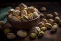 A rustic wooden bowl filled with green pistachio nuts sits on a dark wooden surface, illuminated by subtle lighting