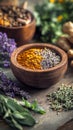 A rustic wooden bowl filled with vibrant turmeric and dried lavender on a wooden table