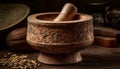 Rustic wooden bowl holds ancient copper mortar, grinding organic spices generated by AI