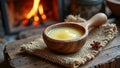 Rustic wooden bowl of honey in cozy fireplace setting Royalty Free Stock Photo