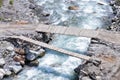 Rustic wooden bridge across mountain river