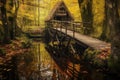 rustic wooden bridge over a calm stream in autumn forest