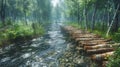 A rustic wooden bridge over a forest stream Royalty Free Stock Photo