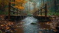 A rustic wooden bridge over a forest stream Royalty Free Stock Photo