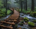 A rustic wooden bridge over a forest stream Royalty Free Stock Photo