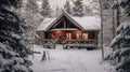 Rustic Wooden Cabin Nestled Amidst A Snowy Winter Wonderland. Generative AI Royalty Free Stock Photo