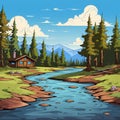 Cartoon Cabin By The River: Detailed Landscape With Vibrant Colorscape