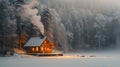 A rustic wooden cabin nestled in a snowy forest clearing. Generative ai Royalty Free Stock Photo