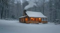 A rustic wooden cabin nestled in a snowy forest clearing. Generative ai Royalty Free Stock Photo