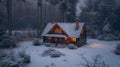 A rustic wooden cabin nestled in a snowy forest clearing. Generative ai Royalty Free Stock Photo