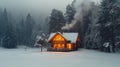 A rustic wooden cabin nestled in a snowy forest clearing. Generative ai Royalty Free Stock Photo