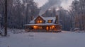 A rustic wooden cabin nestled in a snowy forest clearing. Generative ai Royalty Free Stock Photo