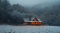 A rustic wooden cabin nestled in a snowy forest clearing. Generative ai Royalty Free Stock Photo