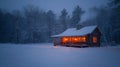 A rustic wooden cabin nestled in a snowy forest clearing. Generative ai Royalty Free Stock Photo