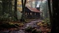 Whispers of the Woods: The Moss-Covered Cabin Surrounded by Autumn\'s Vibrancy