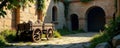 Rustic wooden cart, crumbling, castle backdrop, stone, brick Royalty Free Stock Photo