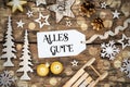 Rustic Wooden Christmas Background, Bokeh, Label With German Text Alles Gute