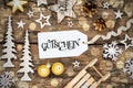 Rustic Wooden Christmas Background, Bokeh, Label With German Text Gutschein