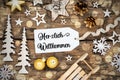 Rustic Wooden Christmas Background, Bokeh, Label With German Text herzlich Willkommen