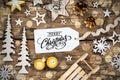 Rustic Wooden Christmas Background, Bokeh, Label With Words Merry Christmas