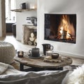 Rustic wooden coffee table close up with weathered texture beside cozy fireplace