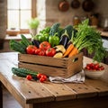 Wooden crate brimming with an assortment of fresh vegetables is placed on Royalty Free Stock Photo