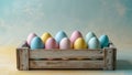 Rustic Wooden Crate with Colorful Eggs on Textured Pastel Background Royalty Free Stock Photo