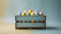 Rustic Wooden Crate with Colorful Eggs on Textured Pastel Background. Royalty Free Stock Photo