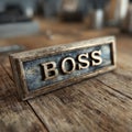 Rustic wooden desk with boss nameplate Royalty Free Stock Photo