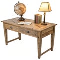 Rustic wooden desk with globe and lamp isolated on white background Royalty Free Stock Photo