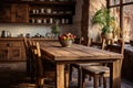 Rustic wooden dining table in a cozy earth toned kitchen