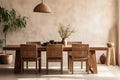 Rustic wooden dining table in a cozy earth toned kitchen