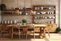 Rustic wooden dining table in a cozy earth toned kitchen