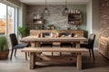 Rustic wooden dining table in a cozy earth toned kitchen