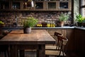 Rustic wooden dining table in a cozy earth toned kitchen