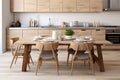 Rustic wooden dining table in a cozy earth toned kitchen