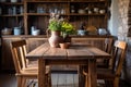 Rustic wooden dining table in a cozy earth toned kitchen