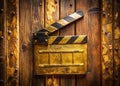 Rustic Wooden Door Decorated with a Golden Clapper A Minimalist and Elegant Stock Image for Design Inspiration Royalty Free Stock Photo
