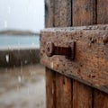 Rustic wooden door with lock in rainy seaside setting Royalty Free Stock Photo