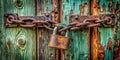 Rustic Wooden Door Secured with a Heavy Chain and Secure Padlock A Symbol of Robust Security and Vintage Royalty Free Stock Photo