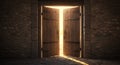 Rustic wooden doors partially open, set within a stone wall. Sunlight streams Royalty Free Stock Photo